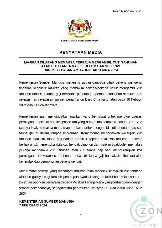 Kenyataan Media: Hak Pekerja Menjelang Tahun Baru Cina 2024